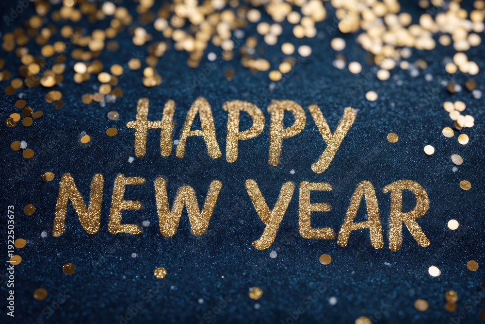 Fototapeta premium Happy New Year glitter text on blue background with gold confetti and festive mood