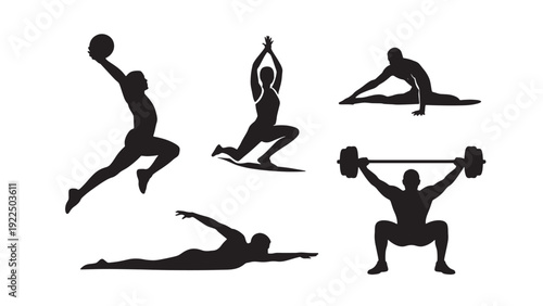 Collection of dynamic silhouette icons representing diverse sports and fitness activities: basketball, yoga, swimming, and weightlifting.