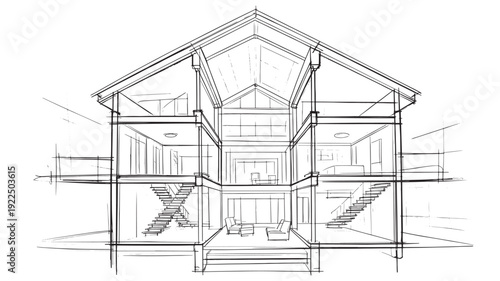 Vector Illustration Of Modern Open-Concept House Interior With Cross Section For Architecture And Real Estate Marketing