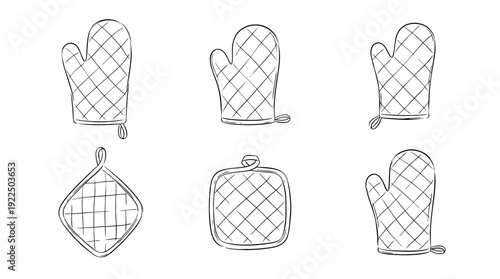 oven mitt, 6 black delicate line drawings vector set collection , white background , PNG and SVG