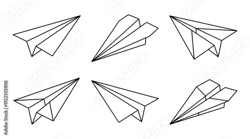 paper plane, 6 black delicate line drawings vector set collection , white background , PNG and SVG