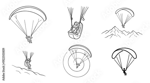 paragliding, 6 black delicate line drawings vector set collection , white background , PNG and SVG