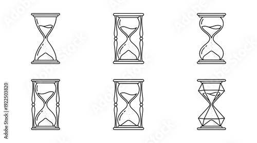 patience hourglass, 6 black delicate line drawings vector set collection , white background , PNG and SVG