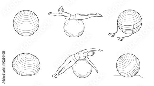 pilates ball, 6 black delicate line drawings vector set collection , white background , PNG and SVG
