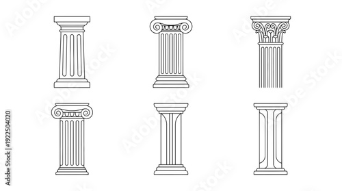 pillar, 6 black delicate line drawings vector set collection , white background , PNG and SVG