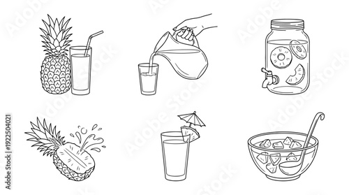 pineapple juice, 6 black delicate line drawings vector set collection , white background , PNG and SVG