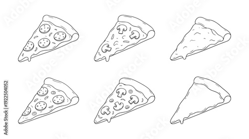 pizza slice, 6 black delicate line drawings vector set collection , white background , PNG and SVG
