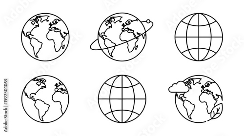 planet earth, 6 black delicate line drawings vector set collection , white background , PNG and SVG