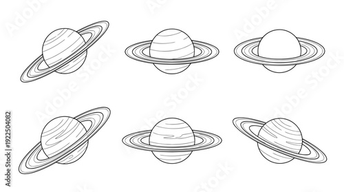 planet saturn, 6 black delicate line drawings vector set collection , white background , PNG and SVG