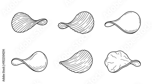 potato chips, 6 black delicate line drawings vector set collection , white background , PNG and SVG