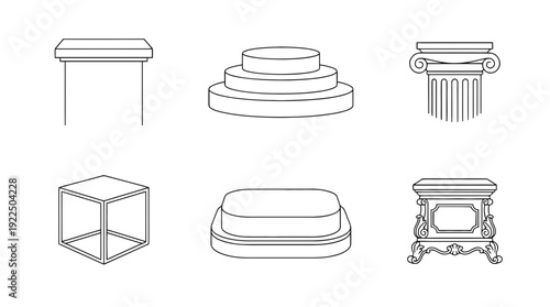 podium, 6 black delicate line drawings vector set collection , white background , PNG and SVG