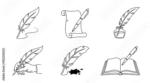 poetry quill, 6 black delicate line drawings vector set collection , white background , PNG and SVG