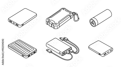 power bank, 6 black delicate line drawings vector set collection , white background , PNG and SVG