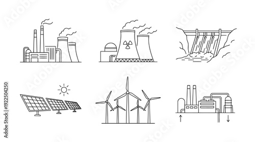 power plant, 6 black delicate line drawings vector set collection , white background , PNG and SVG