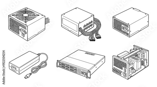 power supply unit, 6 black delicate line drawings vector set collection , white background , PNG and SVG