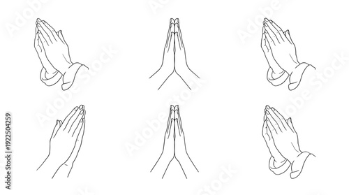 prayer hands, 6 black delicate line drawings vector set collection , white background , PNG and SVG