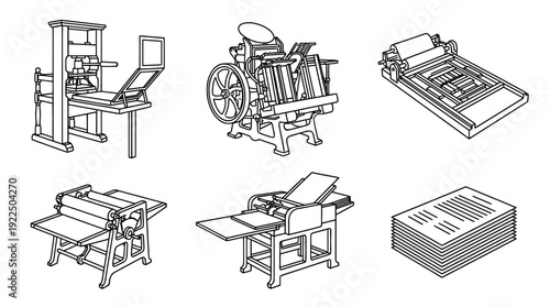 printing press, 6 black delicate line drawings vector set collection , white background , PNG and SVG