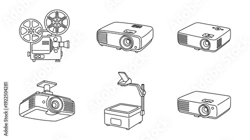 projector, 6 black delicate line drawings vector set collection , white background , PNG and SVG