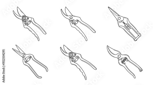 pruning shears, 6 black delicate line drawings vector set collection , white background , PNG and SVG