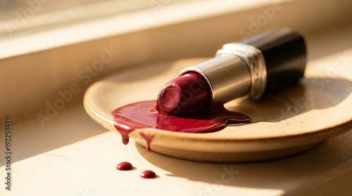Dark red lipstick melting into a vibrant puddle on a ceramic plate, a viscous liquid dripping onto the surface, representing transformation of cosmetics due to heat and warm weather