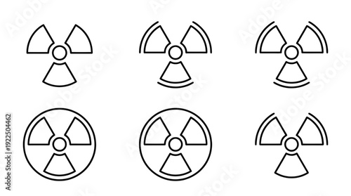 radiation sign, 6 black delicate line drawings vector set collection , white background , PNG and SVG