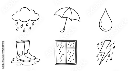rain, 6 black delicate line drawings vector set collection , white background , PNG and SVG