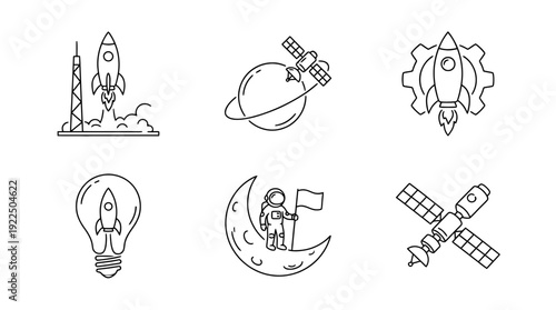 rocket startup, 6 black delicate line drawings vector set collection , white background , PNG and SVG