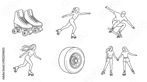roller skating, 6 black delicate line drawings vector set collection , white background , PNG and SVG