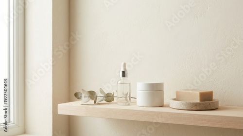 Skincare and cosmetic products, including a serum dropper bottle, cream jar, and a bar of soap on a stone dish, resting on a wooden shelf in a natural, minimalist setting