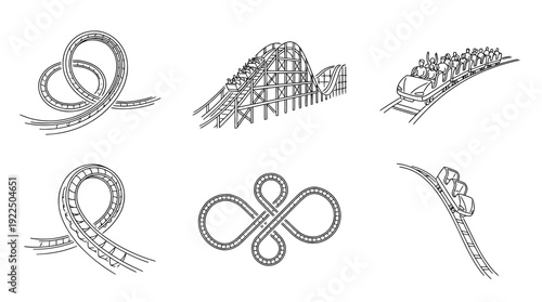roller coaster, 6 black delicate line drawings vector set collection , white background , PNG and SVG