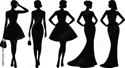 Elegant women silhouettes in stylish dresses and evening gowns, fashionable female figures isolated on white background, black vector illustration set for glamour and fashion design