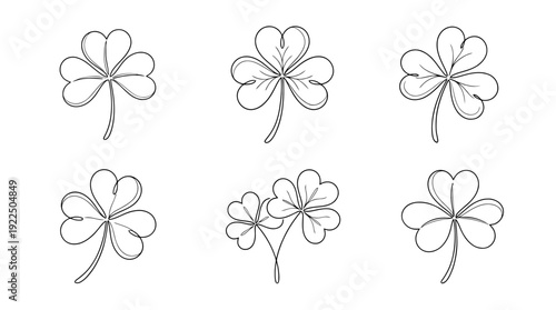 saint patrick shamrock, 6 black delicate line drawings vector set collection , white background , PNG and SVG