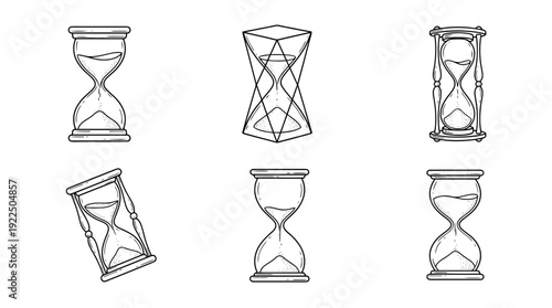 sand timer, 6 black delicate line drawings vector set collection , white background , PNG and SVG