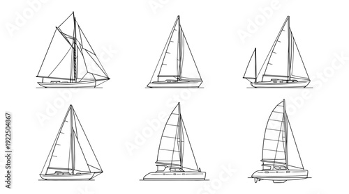sailing boat, 6 black delicate line drawings vector set collection , white background , PNG and SVG