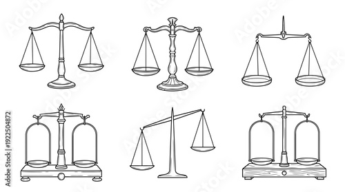 scale balance, 6 black delicate line drawings vector set collection , white background , PNG and SVG