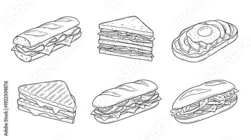 sandwich, 6 black delicate line drawings vector set collection , white background , PNG and SVG