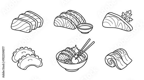 sashimi, 6 black delicate line drawings vector set collection , white background , PNG and SVG