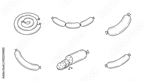 sausage, 6 black delicate line drawings vector set collection , white background , PNG and SVG