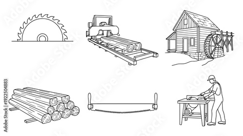 sawmill, 6 black delicate line drawings vector set collection , white background , PNG and SVG