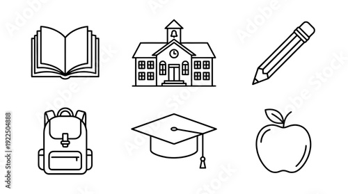 school, 6 black delicate line drawings vector set collection , white background , PNG and SVG
