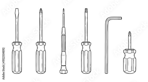 screwdriver set, 6 black delicate line drawings vector set collection , white background , PNG and SVG