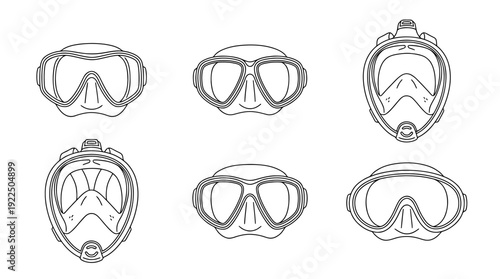 scuba diving mask, 6 black delicate line drawings vector set collection , white background , PNG and SVG