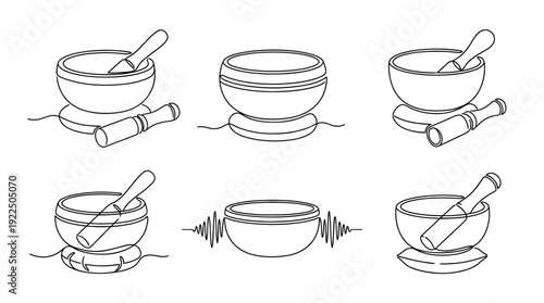 singing bowl, 6 black delicate line drawings vector set collection , white background , PNG and SVG