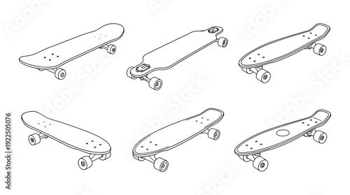 skateboard, 6 black delicate line drawings vector set collection , white background , PNG and SVG