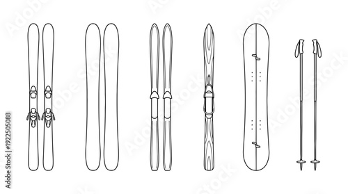 ski planks, 6 black delicate line drawings vector set collection , white background , PNG and SVG