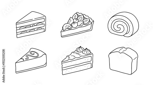 slice of cake, 6 black delicate line drawings vector set collection , white background , PNG and SVG
