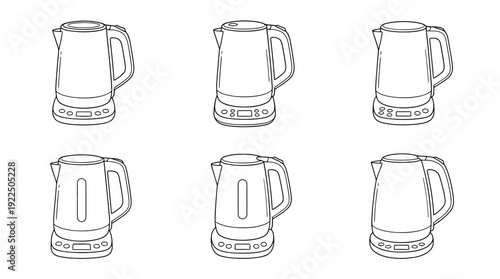 smart kettle, 6 black delicate line drawings vector set collection , white background , PNG and SVG