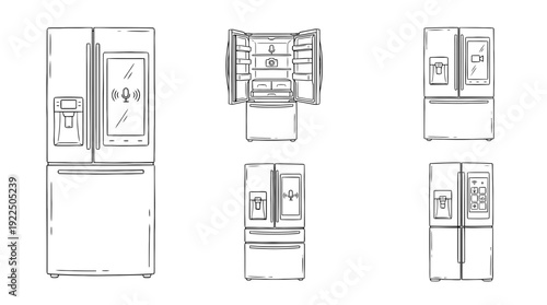 smart refrigerator, 6 black delicate line drawings vector set collection , white background , PNG and SVG
