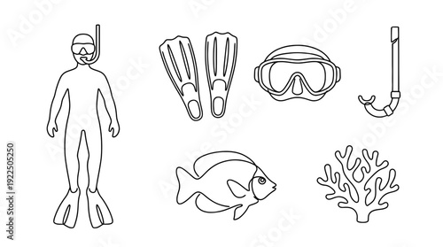 snorkeling, 6 black delicate line drawings vector set collection , white background , PNG and SVG