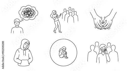 social anxiety, 6 black delicate line drawings vector set collection , white background , PNG and SVG